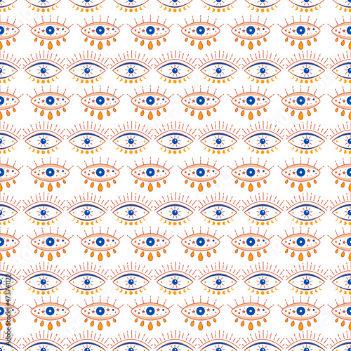 Seamless pattern with esoteric celestial symbol of evil eye with moon phases moon. Hamsa magical eye, decor element. Vector illustration