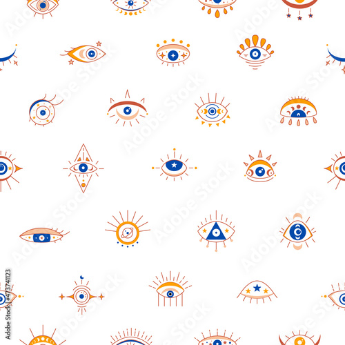 Seamless pattern with esoteric celestial symbol of evil eye with moon phases moon. Hamsa magical eye, decor element. Vector illustration
