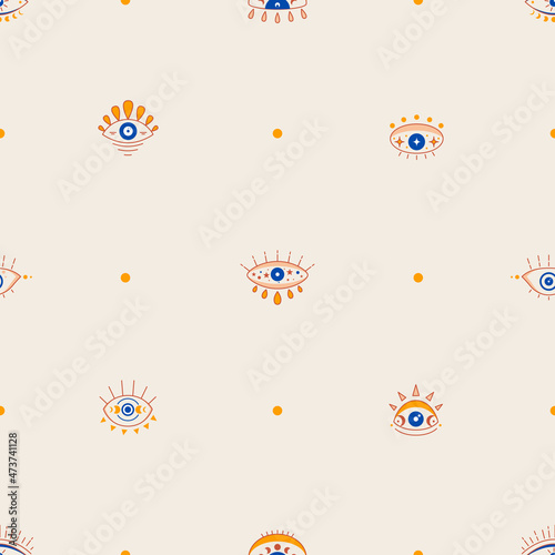 Seamless pattern with esoteric celestial symbol of evil eye with moon phases moon. Hamsa magical eye, decor element. Vector illustration