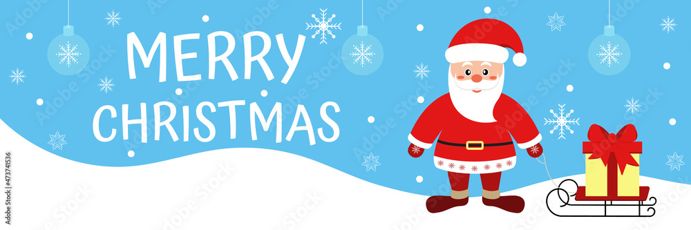 Merry Christmas banner. Vector illustration of Santa Claus holding a sleigh with gifts Merry Christmas banner. Vector illustration of Santa Claus holding a sleigh with gifts