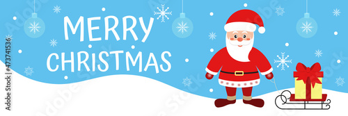 Merry Christmas banner. Vector illustration of Santa Claus holding a sleigh with gifts