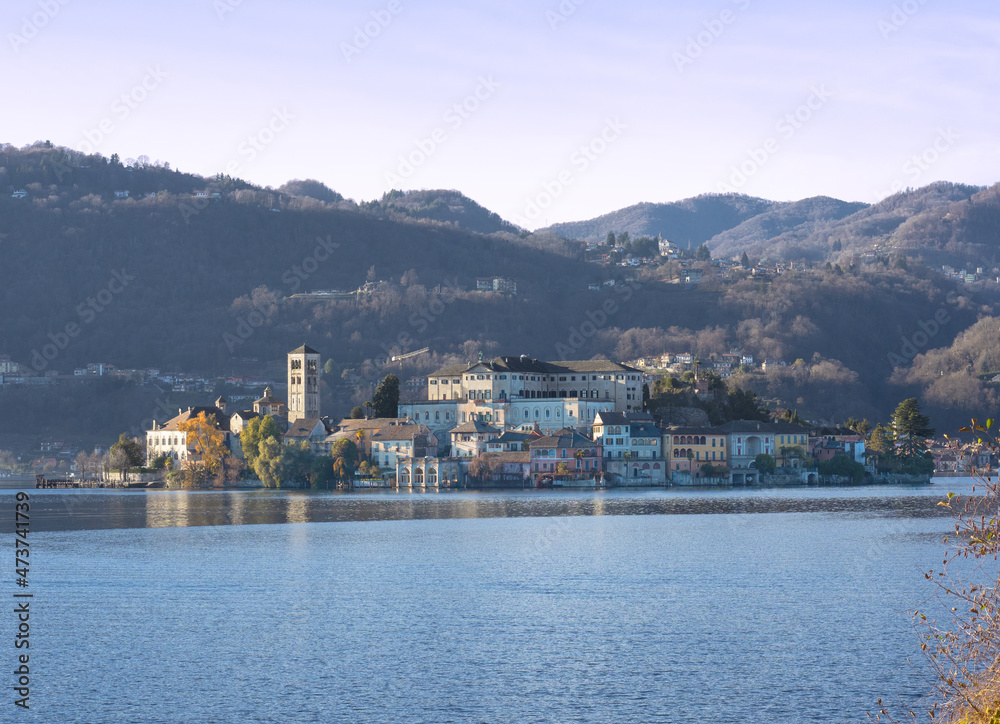San Giulio also called Island of Silence, an oasis of peace in the middle of the Orta lake. Italian lakes, Piedmont, Italy.