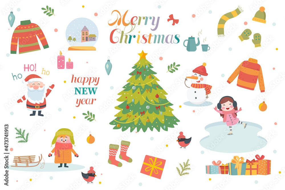 Fototapeta premium Vector set of Christmas elements. New Year. Christmas decorations and elements.