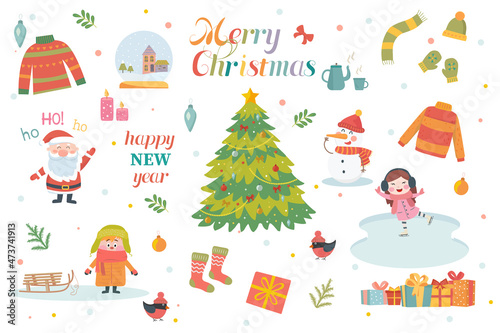 Vector set of Christmas elements. New Year. Christmas decorations and elements.