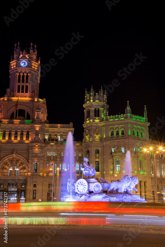 View of La Cibeles with the town hall, at night at Christmas, Madrid, Spain, Europe, November, 30, 2021, in portrait