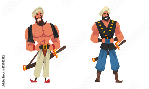 Bearded Wicked Man in Turban with Sword as Arabian Fairy Tale Character Vector Set