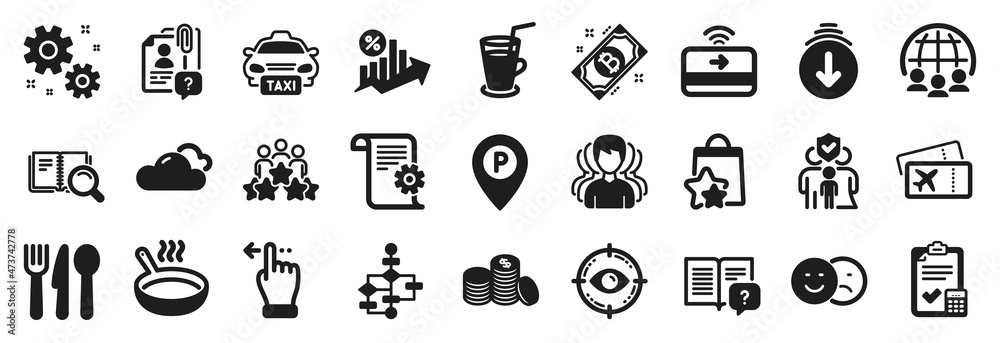 Set of Business icons, such as Instruction manual, Food, Banking money icons. Cloudy weather, Technical documentation, Bitcoin signs. Frying pan, Taxi, Like. Family insurance, Group, Work. Vector Set of Business icons, such as Instruction manual, Food, Banking money icons. Cloudy weather, Technical documentation, Bitcoin signs. Frying pan, Taxi, Like. Family insurance, Group, Work. Vector