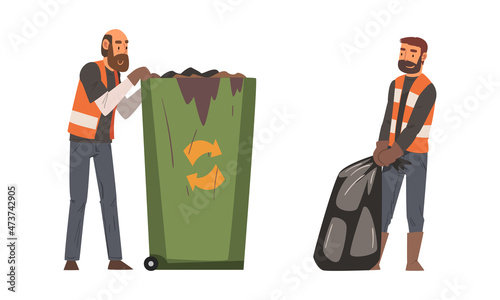 Bearded Man Janitor Wearing Orange Vest Gathering Garbage Vector Set