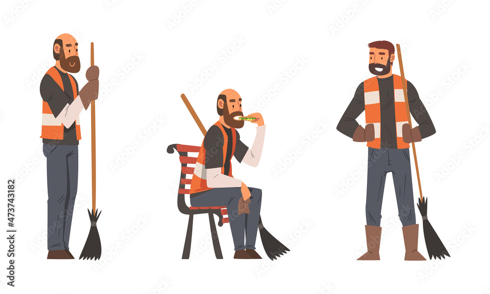 Bearded Man Janitor Wearing Orange Vest Standing with Besom and Sitting on Bench Eating Lunch Vector Set