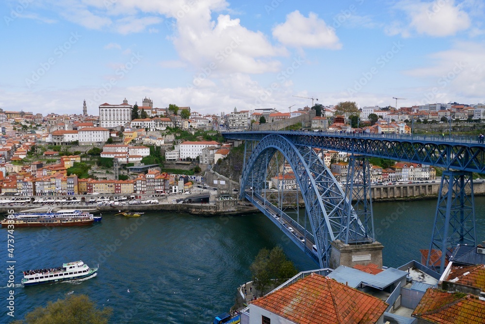 Panoramic view of old town and famous Dom Louis I bridge over river Douro. Porto, Portugal.