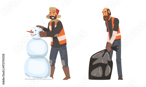 Bearded Man Janitor Wearing Orange Vest Carrying Bag with Garbage and Building Snowman Vector Set.