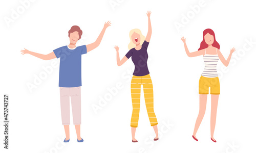 Excited Man and Woman with Raised Up Hands Cheering About Something Vector Set