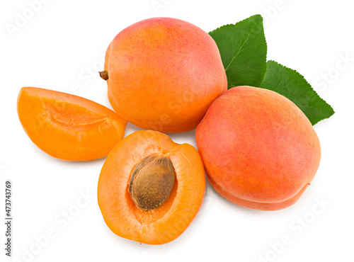 apricot fruits with green leaf isolated on white background. clipping path. top view