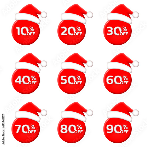 3d Christmas Sale label or icon set. 10,20,30,40,50,60,70,80,90 percent price off with Santa hat. Xmas discount badge or price tag for promo design. Vector illustration.