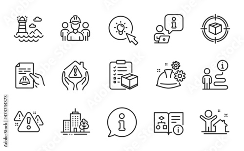 Industrial icons set. Included icon as Technical algorithm, Parcel tracking, Parcel checklist signs. Energy, Skyscraper buildings, Working process symbols. Warning, Lighthouse, New house. Vector