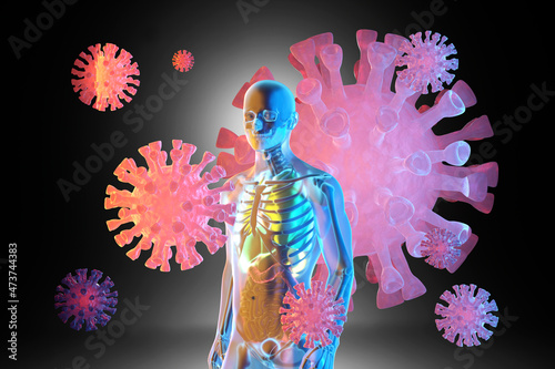 Three dimensional render of giant virus cells floating around human anatomical model with transparent skin photo