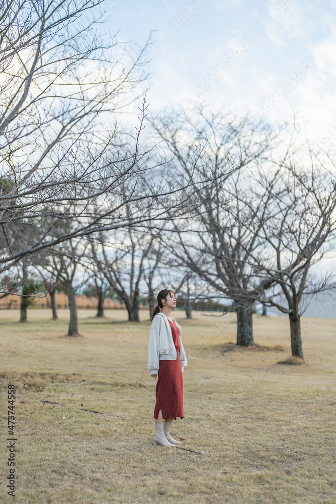 冬の公園を散策する女性 冬の公園を散策する女性
