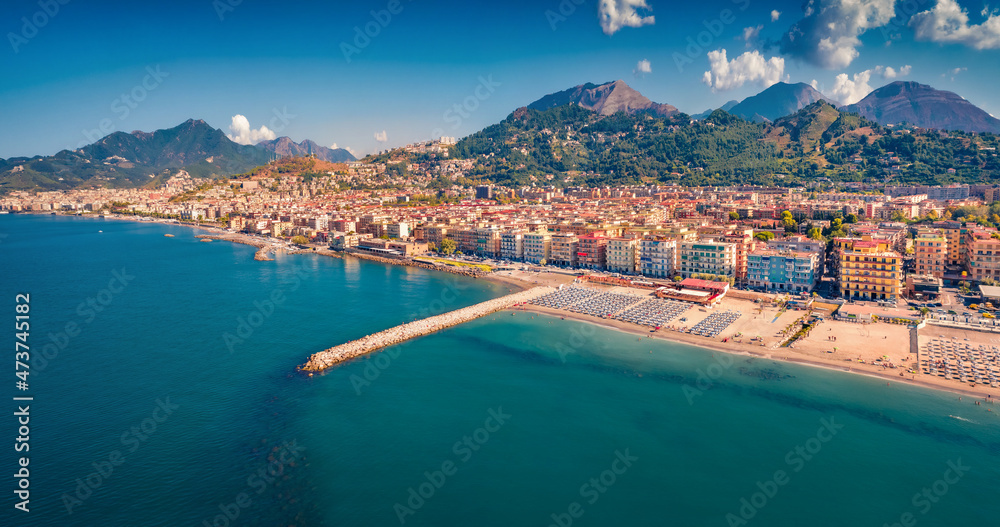 Picturesque morning view from flying drone of Salerno city, Italy, Europe. Impressive summer seascape of Mediterranean sea. Vacation concept background..