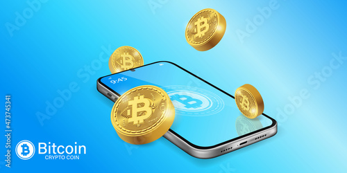 Crypto currency, Bitcoin Crypto on Mobile. Banner Vector