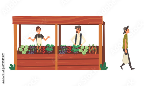 Local Market Stall with Salesman Trading Vegetables Vector Set