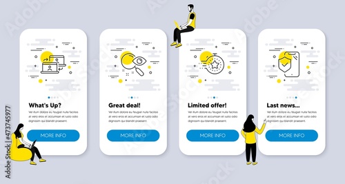 Vector Set of Business icons related to Search, Timer and Outsource work icons. UI phone app screens with people. Phone insurance line symbols. Find document, Deadline management, Remote job. Vector