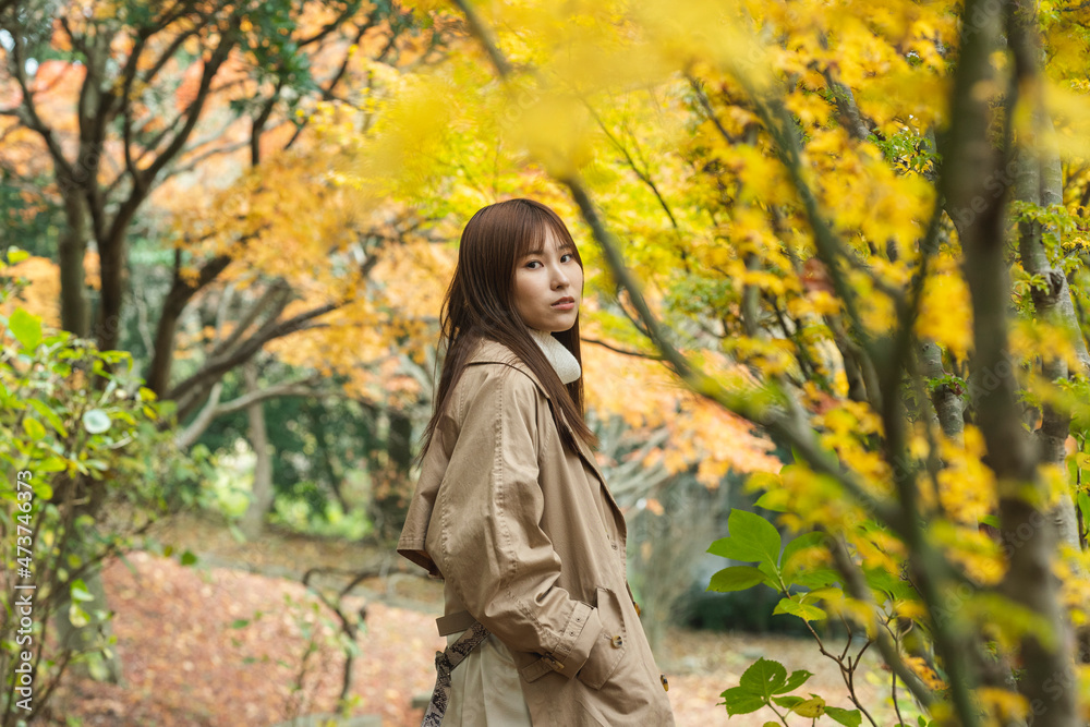紅葉の公園にいる女性 紅葉の公園にいる女性