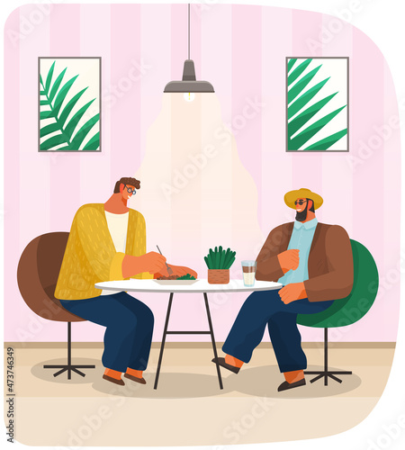 Two friends male characters relax and spend time in restaurant talking on meeting. Men at business lunch during break have partner communication. Mates have nice evening at cafe eat and talk