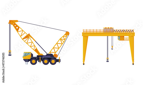 Crane Machine Equipped with Hoist Rope and Sheaves for Lifting and Lower Heavy Freight Vector Set