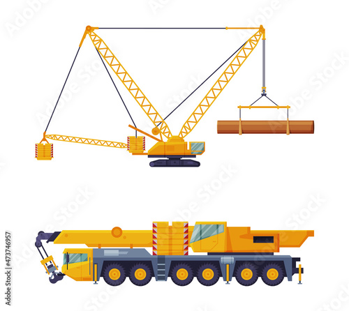 Crane Machine Equipped with Hoist Rope and Sheaves for Lifting and Lower Heavy Freight Vector Set