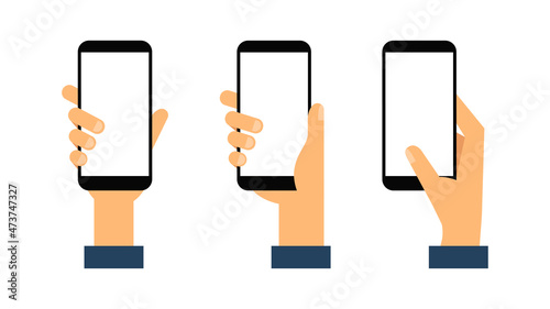 Smartphone in hand. Hands holding smartphone with blank white screen. Flat style. Vector illustration