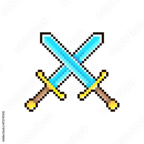 colorful simple flat pixel art illustration of cartoon two blade up crossed medieval knight swords