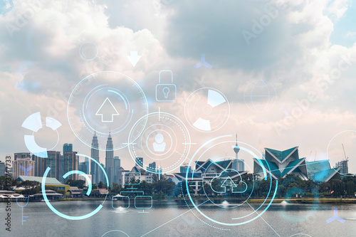 Canvas Print Technology hologram over panorama city view of Kuala Lumpur