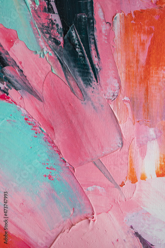 Oil painting in multicolored tones. Conceptual abstract closeup of a painting by oil and palette knife on canvas. The picture is painted in oil. 