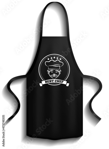Black aprons near cooking symbols. Clothes for work in kitchen, protective element of clothing for cooking. Chef clothing with long straps. Aprons next to icons of kitchen utensil, toque