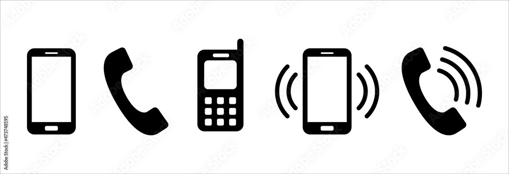 Phone icon vector collection. Phone ringing symbol set. Ringing telephone icons. Contains icon such as old model telephone, modern smartphone, keypad phone. - obrazy, fototapety, plakaty 