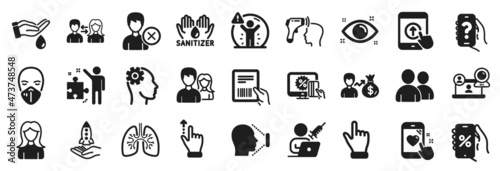 Set of People icons  such as Online shopping  People communication  Medical mask icons. Remove account  Social distance  Users signs. Lungs  Electronic thermometer  Strategy. Teamwork. Vector