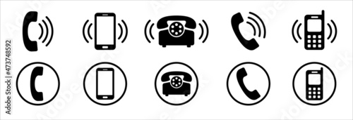 Phone icon vector collection. Phone ringing symbol set. Ringing telephone icons. Contains icon such as old model telephone, modern smartphone, keypad phone.
