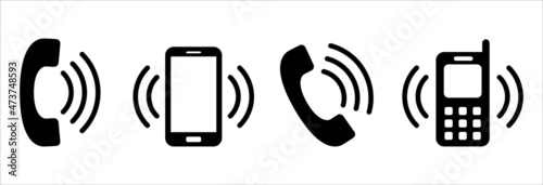 Phone icon vector collection. Phone ringing symbol set. Ringing telephone icons. Contains icon such as old model telephone, modern smartphone, keypad phone.