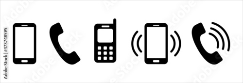 Phone icon vector collection. Phone ringing symbol set. Ringing telephone icons. Contains icon such as old model telephone, modern smartphone, keypad phone. © great19