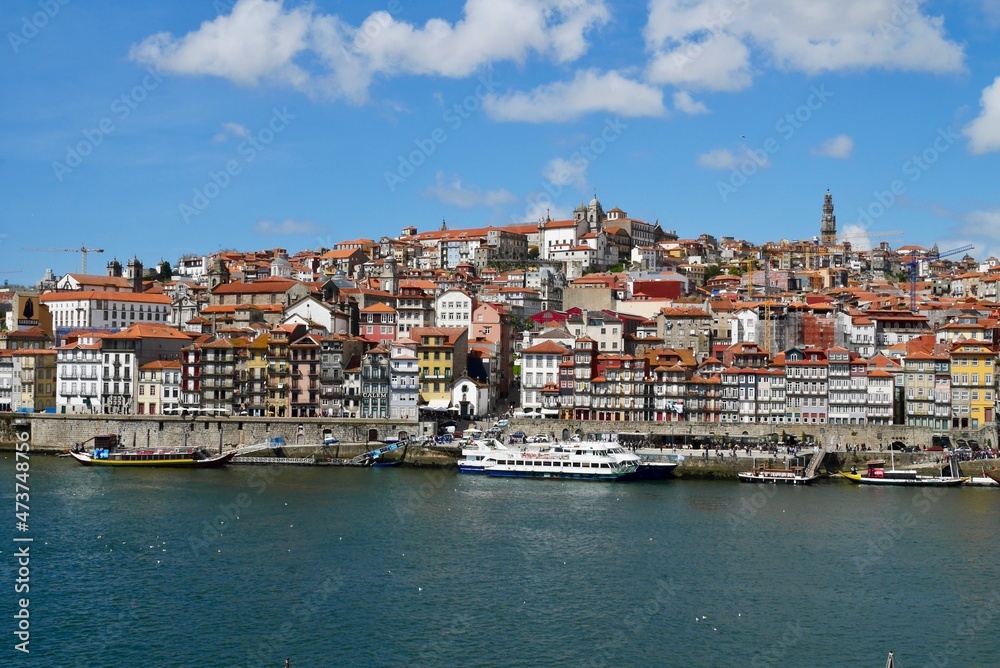 Panoramic view of colorful old town of Porto with river Douro.