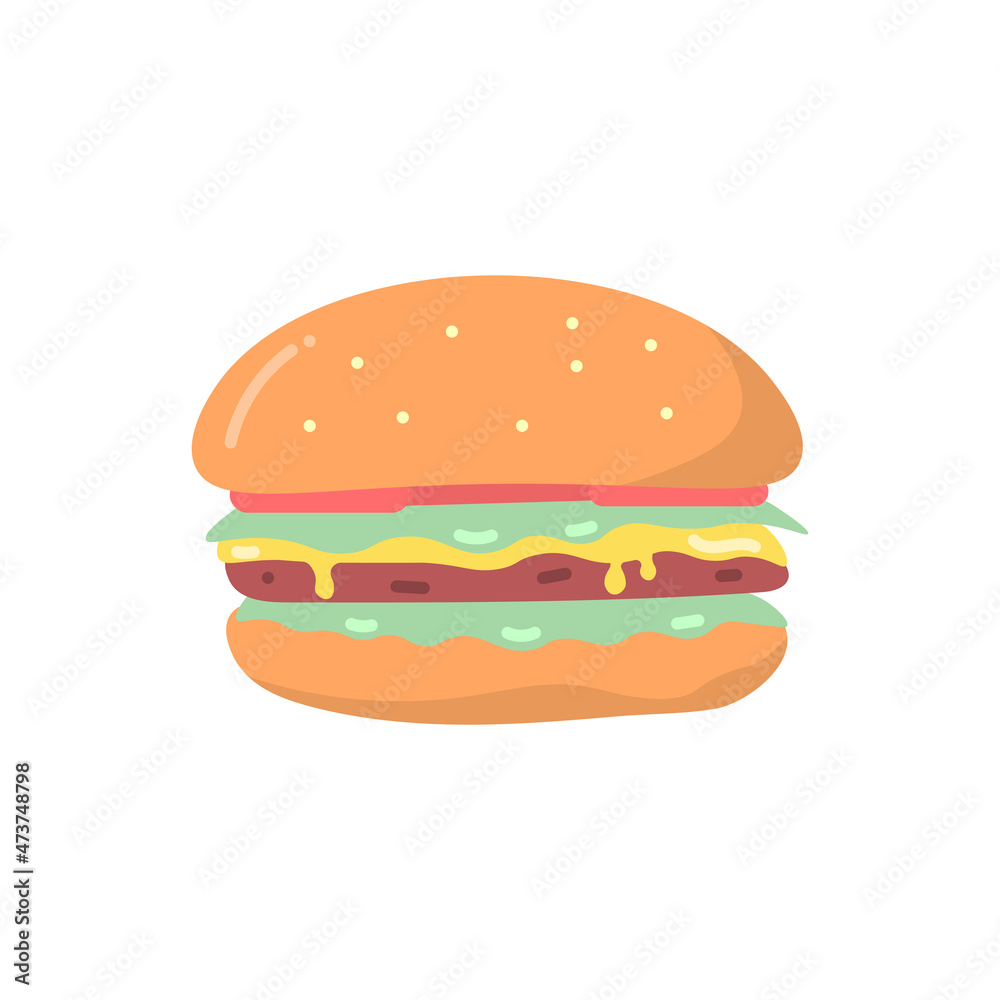 hamburger illustration. bread, meat, vegetables. junk food. flat cartoon style. vector design