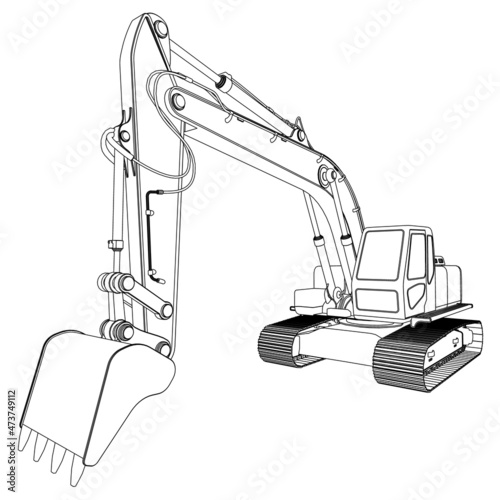 Excavator contour from black lines isolated on white background. Perspective view. 3D. Vector illustration
