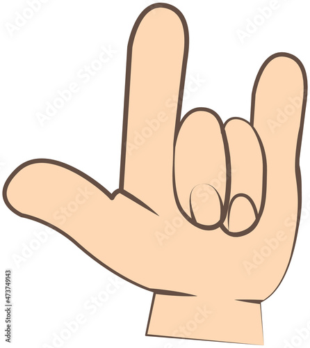 Hand gesture, wrist with fingers with sign horns, in form of index finger and little finger, facing forward, icon, logo. Drawing bent fingers isolated on white background. Colored vector illustration