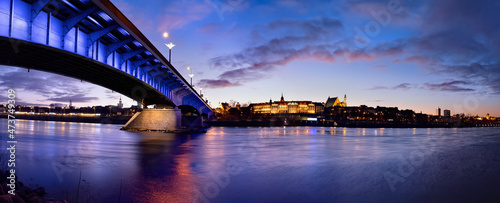 Poland, Masovian Voivodeship, Warsaw, Panoramic view of bridge stretching over Vistula river at