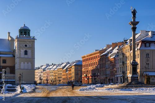 Poland, Masovian Voivodeship, Warsaw, Empty Castle Square at dawn photo