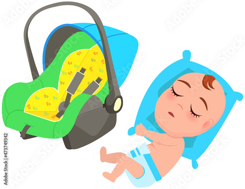 Baby lying on pillow and sleeping near child car place with safety belt and carrying handle. Seat for transporting baby in automobile. Device for safe transportation of children, soft car seat