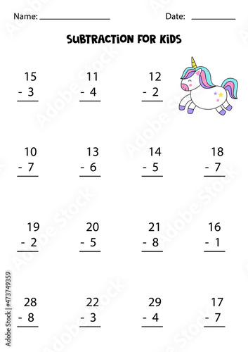 Subtraction game for kids with cute unicorn. Math game for kids.
