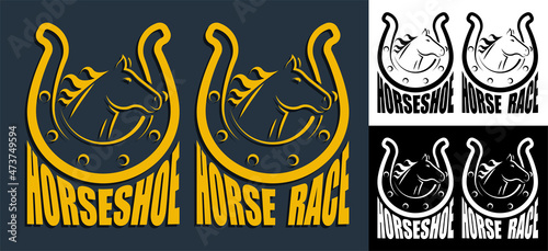 Silhouette of horse head on race against horseshoe background. Emblem of horse racing competition. Vector isolated on white background