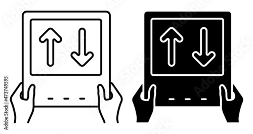 Linear icon. Sports match referee hand showing electronic scoreboard for player substitution. Simple black and white vector isolated on white background