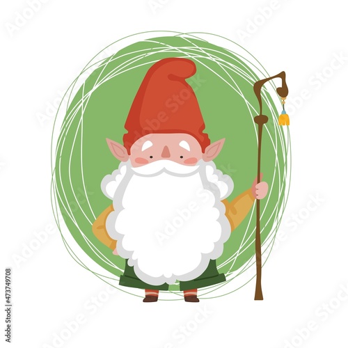 Vector fairy-tale gnome with staff in children's cartoon style.